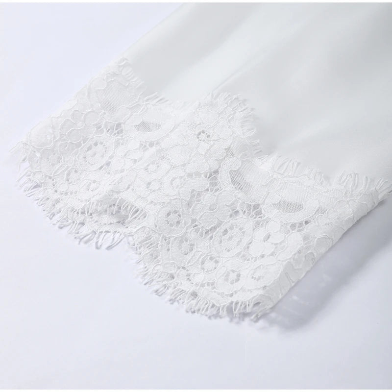 Elegant Satin Lace Patchwork Top Women O-neck Loose Long Sleeves Strappy Female shirt 2026 Spring Autumn Chic Lady T-shirt