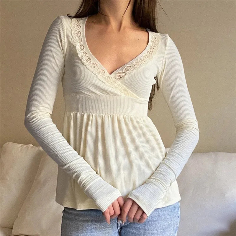 Women Y2k V Neck Lace Trim Long Sleeve Shirt Fairycore Slim Fit Ruffle Ribbed Knit Peplum Top Aesthetic Fall Clothes