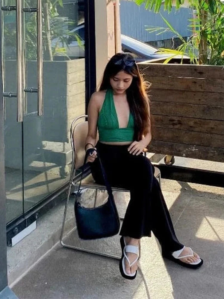 Solid White Backless Crop Halter Top Women Summer Y2K Club Grunge Clothes Deep V-neck Backless Sleeveless Tank Top Streetwear