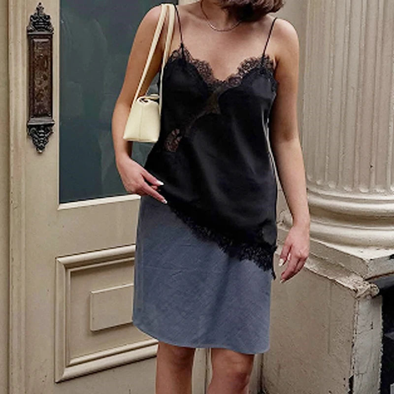 HXAO Asymmetrical Slip Top Women Summer 2025 Y2K Tanks & Camis Lace Black Off Shoulder Top Elegant Sleeveless Backless Camisole