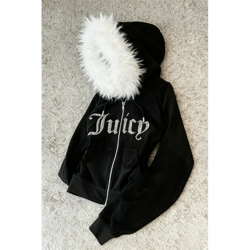 Spring 26th subculture Y2K new fur collar cardigan sportswear zipper jacket letter hot stamping retro sportswear jacket