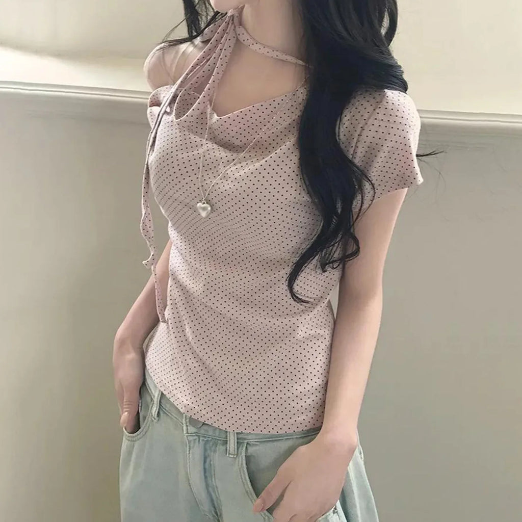 Sweet Polka Dot Prints T-Shirts Fashion Women Cute Design One-Shoulder Summer Tops Casual Korean Office Lady Commute Slim Tees