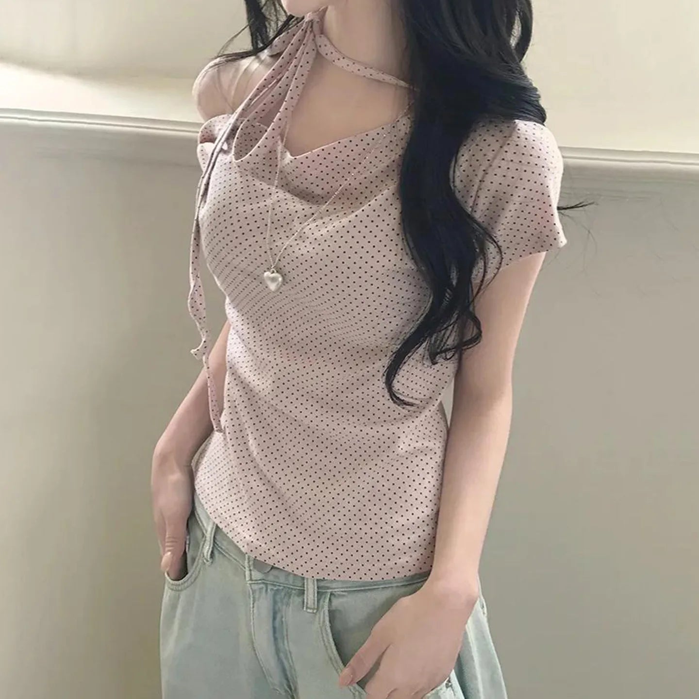 Sweet Polka Dot Prints T-Shirts Fashion Women Cute Design One-Shoulder Summer Tops Casual Korean Office Lady Commute Slim Tees