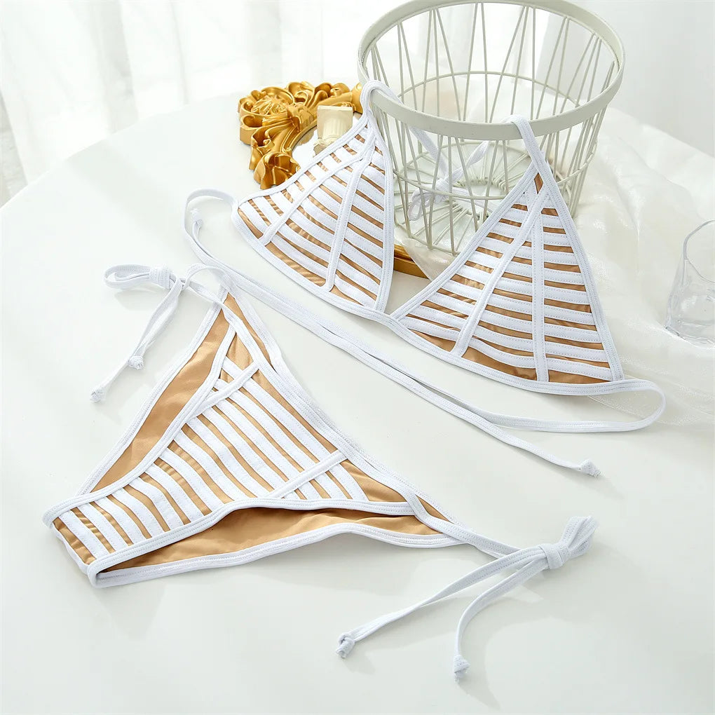 Melphieer Solid Cut Out Bikinis Women Triangle Bikini Set Ties Halter Bathing Suit Push Up Swimwear Beachwear Biquinis Maillot