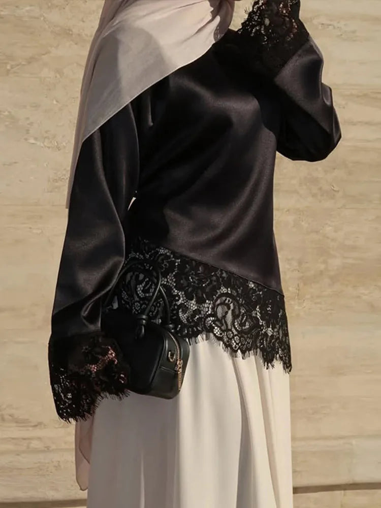 Elegant Satin Lace Patchwork Top Women O-neck Loose Long Sleeves Strappy Female shirt 2026 Spring Autumn Chic Lady T-shirt