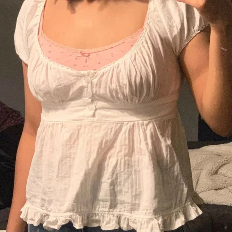 Y2K Aesthetic Fairy Vintage T-shirt Kawaii Grunge Lace Crop Top Square Collar Short Sleeve Sweet Girl Miklmaid Tee Women Clothes