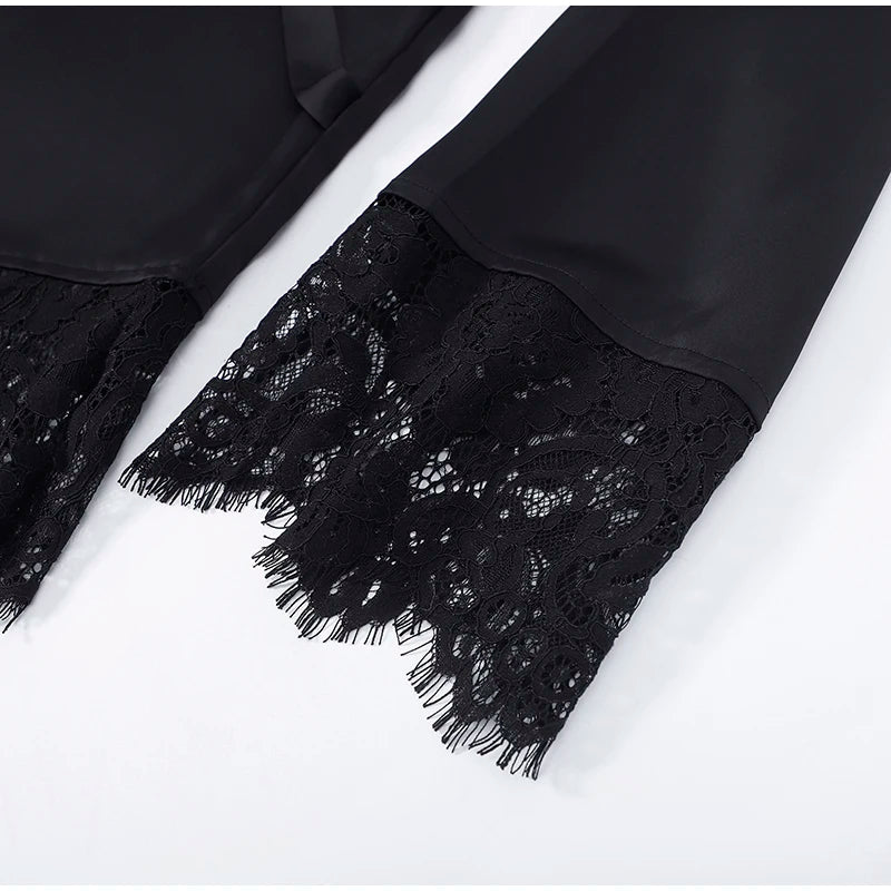 Elegant Satin Lace Patchwork Top Women O-neck Loose Long Sleeves Strappy Female shirt 2026 Spring Autumn Chic Lady T-shirt