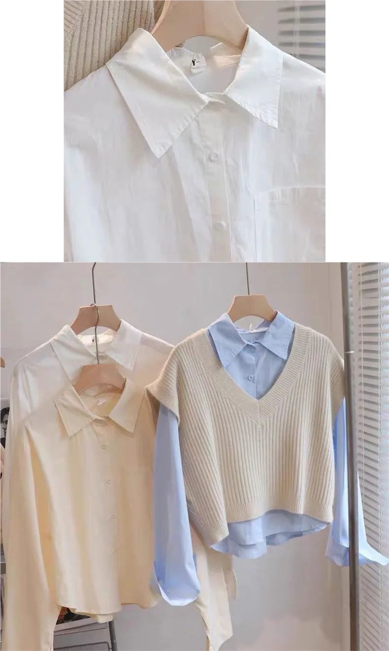 Spring Short Sleeve Women's Shirt Long Sleeve Inner Wear Outer Wear Student Style Soft Silk Fabric 3D Effect Polo Collar Tren...