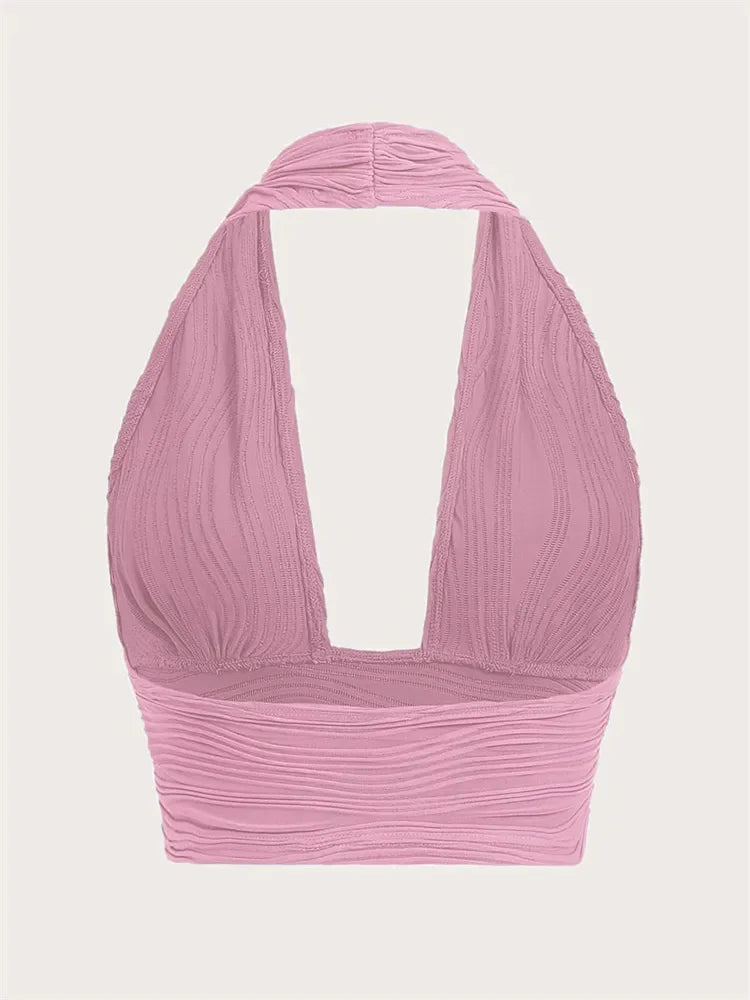 Solid White Backless Crop Halter Top Women Summer Y2K Club Grunge Clothes Deep V-neck Backless Sleeveless Tank Top Streetwear