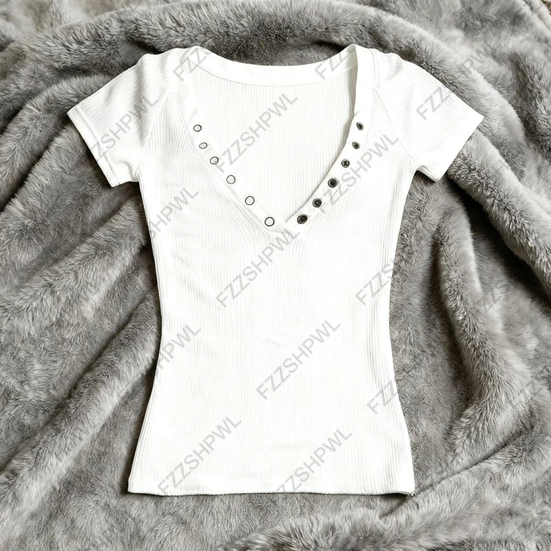 Y2K Women Short Sleeve T-Shirt Striped Aesthetic Harajuku Street Punk High Street Trash Emo Girls Daily Casual Commuter Crop Top