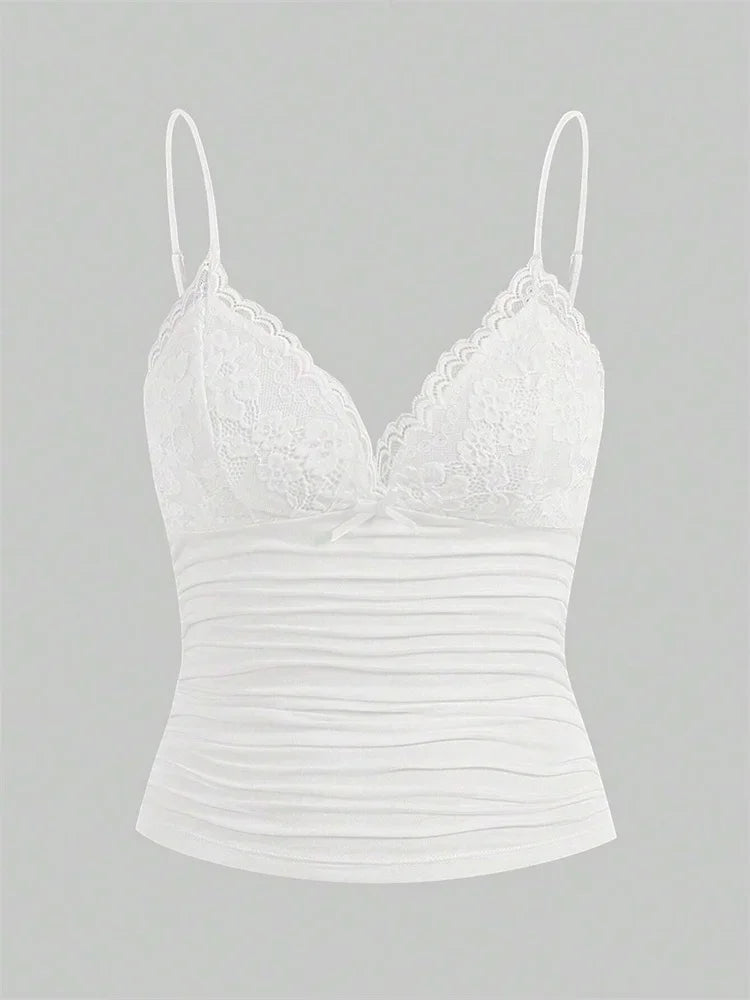 Sexy Contrast Lace Bow Front Crop Cami Top Women 2025 Summer Grunge Punk Y2K Clothes Ruched Skinny Backless Tee Shirt