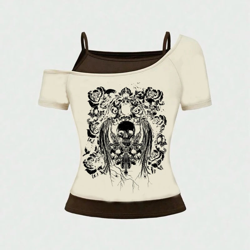 Retro gothic Fake Two-piece Printed T-shirt Women summer Y2K Streetwear Hot Girl Slim Off Shoulder Millennium Harajuku Casual