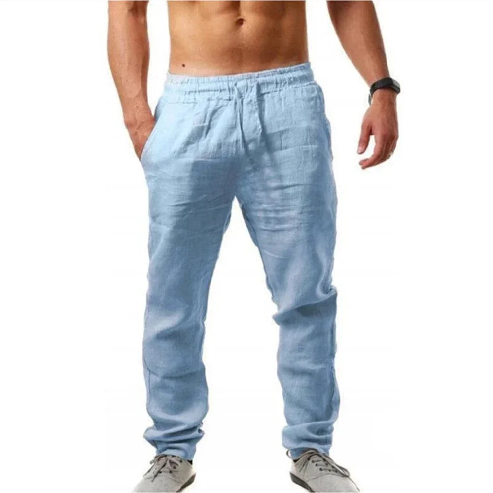 Men's Cotton Linen Pants Linen Breathable Elastic Waist Pants Breathable Casual Jogging Fitness Trousers Summer Sports Sweatpant