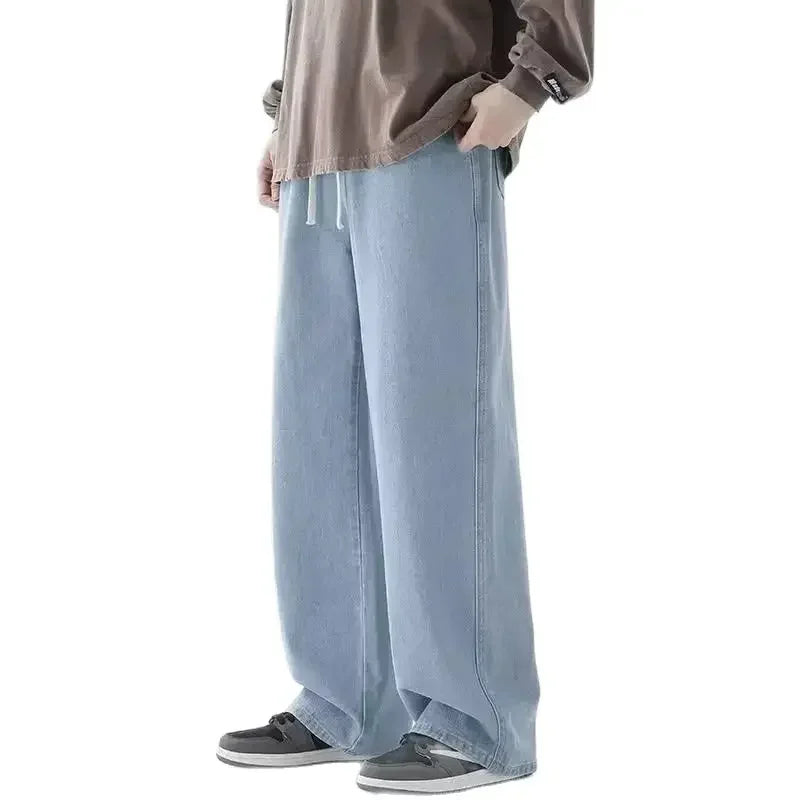 Light Wash Men's Drawstring Jeans Loose Straight Leg Floor-Length Trendy Casual Wide Leg Long Trousers Comfortable Fit