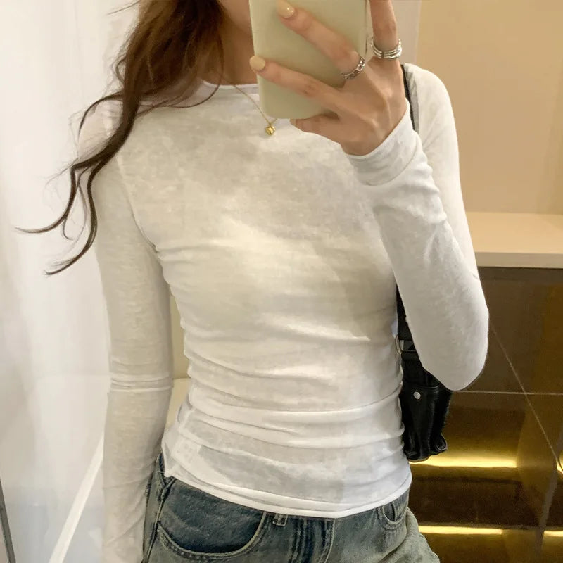2025 Spring/Summer T-shirt Women's Top Solid Color Slimming Long Sleeve Round Neck T-shirt Women's Casual T-shirt Street Wear