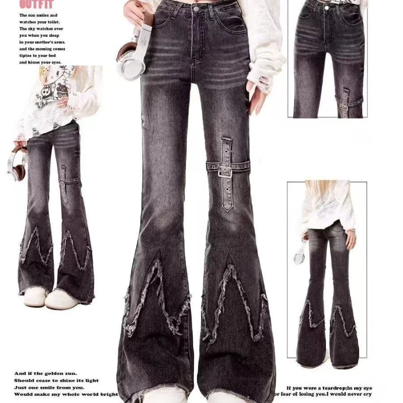 Vintage Slim Micro-flare Jeans Women Ins Fashionable Splicing Belt Edge Y2K Pants High Waist Straight American Street Trousers