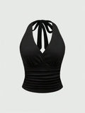Solid V-neck Backless Halter Crop Top for Women Summer Sexy Y2K Sleeveless Ruched Top Streetwear
