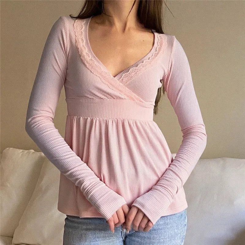 Women Y2k V Neck Lace Trim Long Sleeve Shirt Fairycore Slim Fit Ruffle Ribbed Knit Peplum Top Aesthetic Fall Clothes