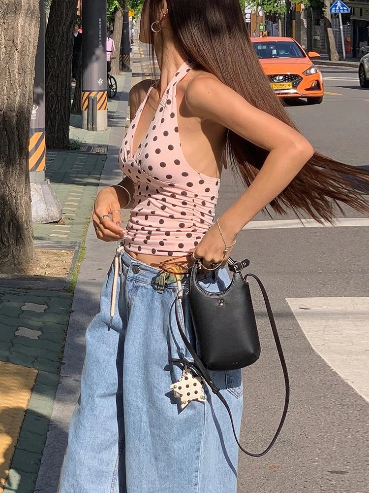 Weird Puss Polka Dot Print Vest Women Y2K Lace-Up Backless Halter v-Neck Skinny Summer Trend Daily  Street Basic Chic Tank Tops