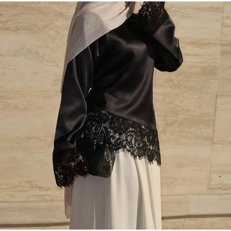 Elegant Satin Lace Patchwork Top Women O-neck Loose Long Sleeves Strappy Female shirt 2026 Spring Autumn Chic Lady T-shirt