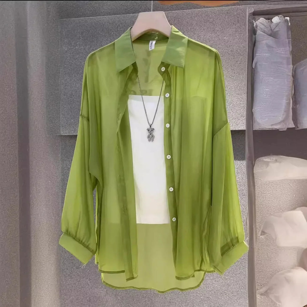 Women's Summer Lightweight Ice Sensation Pearl Shiny Sun Protection Shirt Outerwear Slender Commute Open Cardigan Top