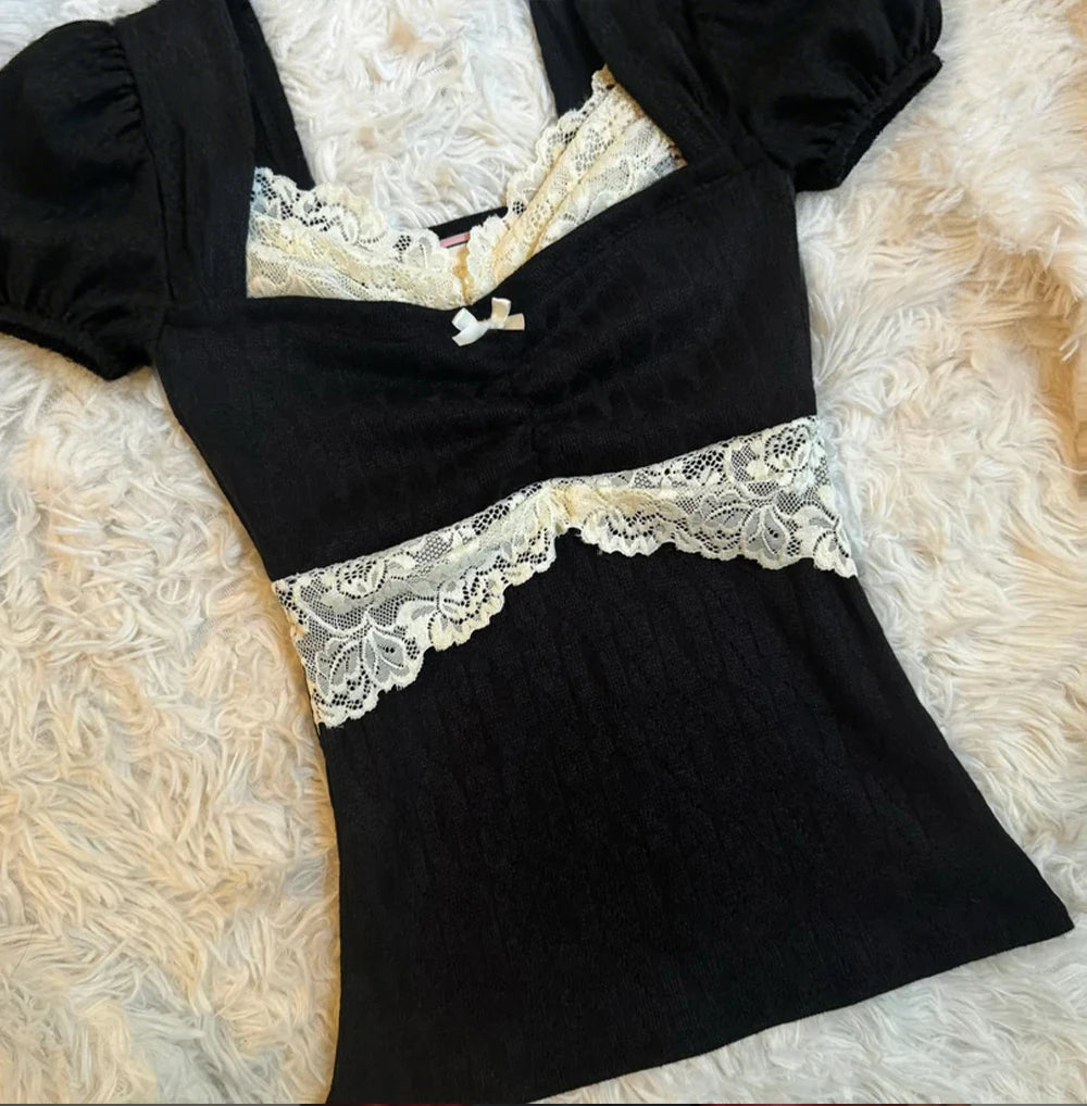 Summer Lace Patchwork Coquette T-shirt Ribbed Knit Slim Fit Milkmaid Tees Women Short Sleeve Y2k Grunge Crop Tops Aesthetic