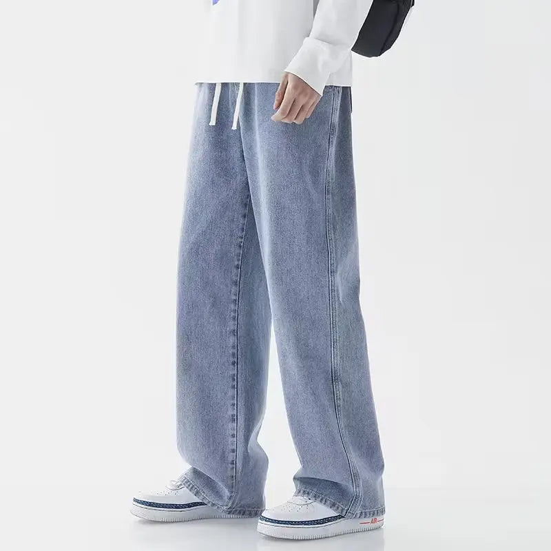 Light Wash Men's Drawstring Jeans Loose Straight Leg Floor-Length Trendy Casual Wide Leg Long Trousers Comfortable Fit