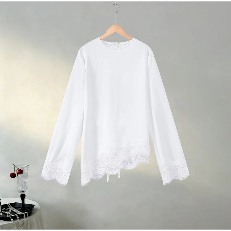 Elegant Satin Lace Patchwork Top Women O-neck Loose Long Sleeves Strappy Female shirt 2026 Spring Autumn Chic Lady T-shirt