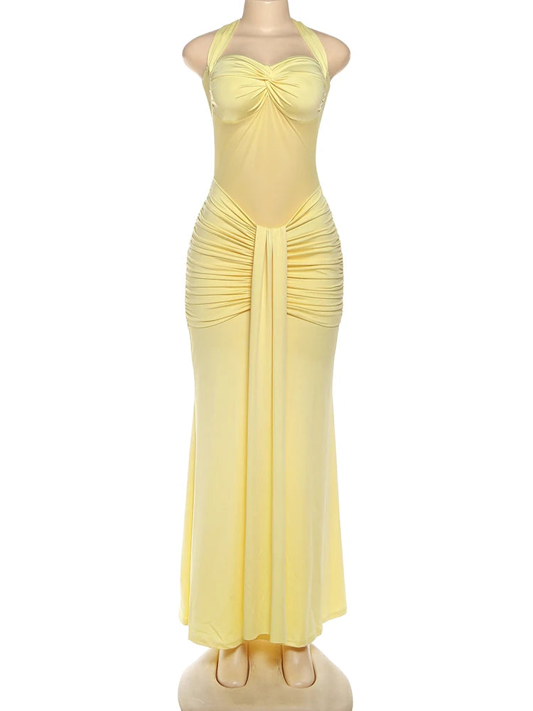 kliou Patchwork Elegant Women Maxi Dress Classic Sexy Sheer Ribbons Halter Backless Bodycon Female Trend Festival Evening Wear