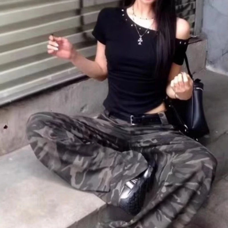 Black Shoulder Slanting Short Sleeves T-Shirts Women's Summer Tight Fit Short Style American Hot Girl Design Sense Top