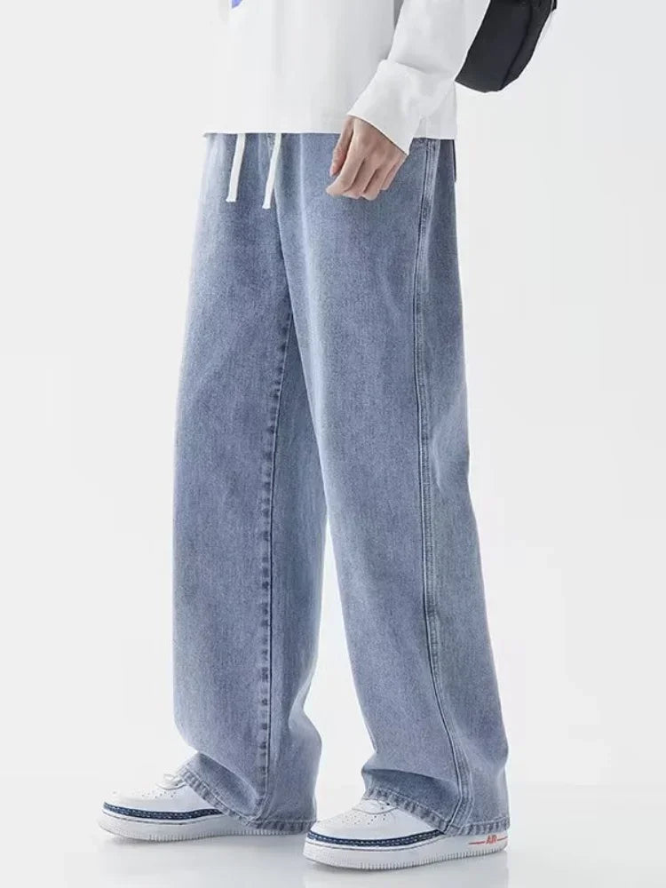 Light Wash Men's Drawstring Jeans Loose Straight Leg Floor-Length Trendy Casual Wide Leg Long Trousers Comfortable Fit