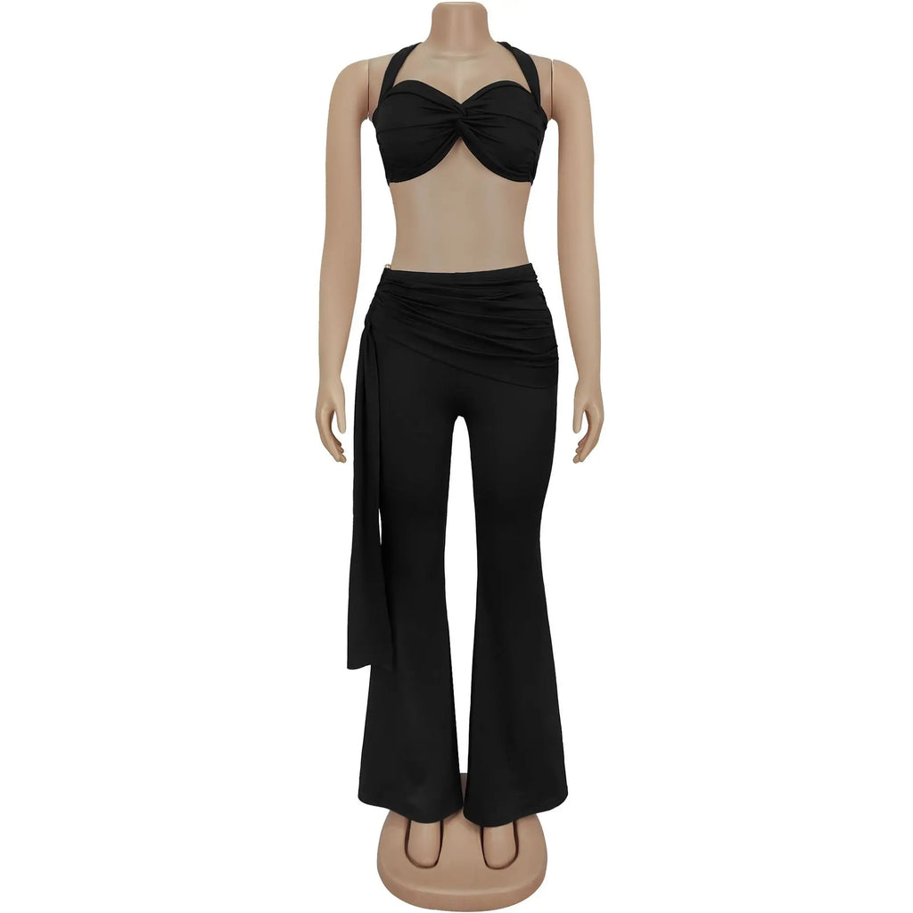 Weird Puss Ruched 2 Piece Set Women Sexy Halter Backless Bra+Metal Casp Ribbon Flared Pants Matching Party Club Stretch Outfits