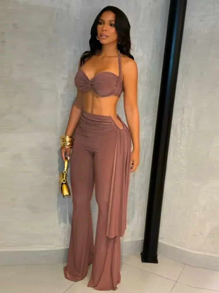 Weird Puss Ruched 2 Piece Set Women Sexy Halter Backless Bra+Metal Casp Ribbon Flared Pants Matching Party Club Stretch Outfits