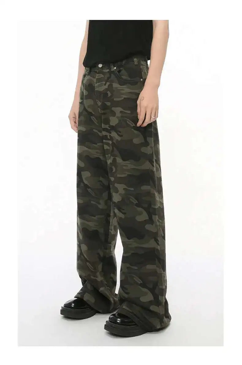 IEFB Vintage Camouflage Men's Jeans Fashion Washed Casual Wide Leg Denim Pants Autumn Winter Loose Male Trousers Old Blue 9C354