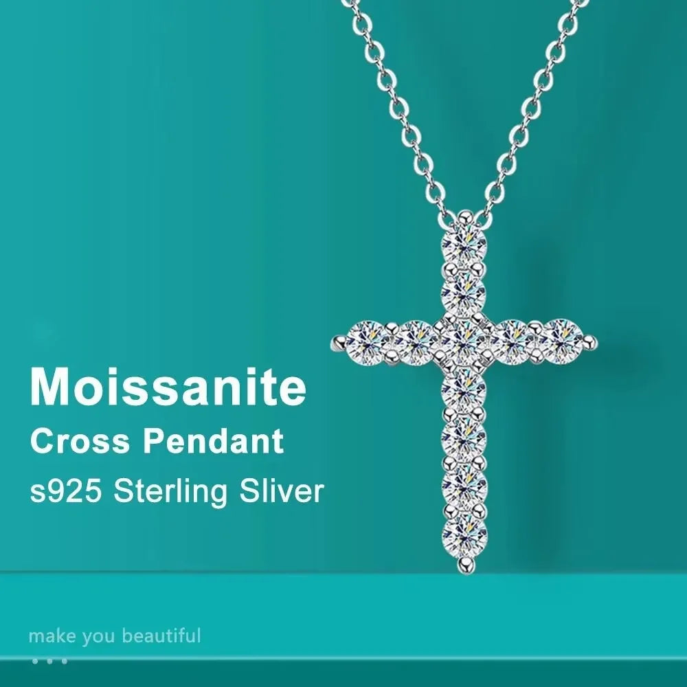 Full Moissanite Cross Pendant Necklace Original 925 Sterling Silver Chain Plated 18K White Gold Fine Necklace for Women Jewelry