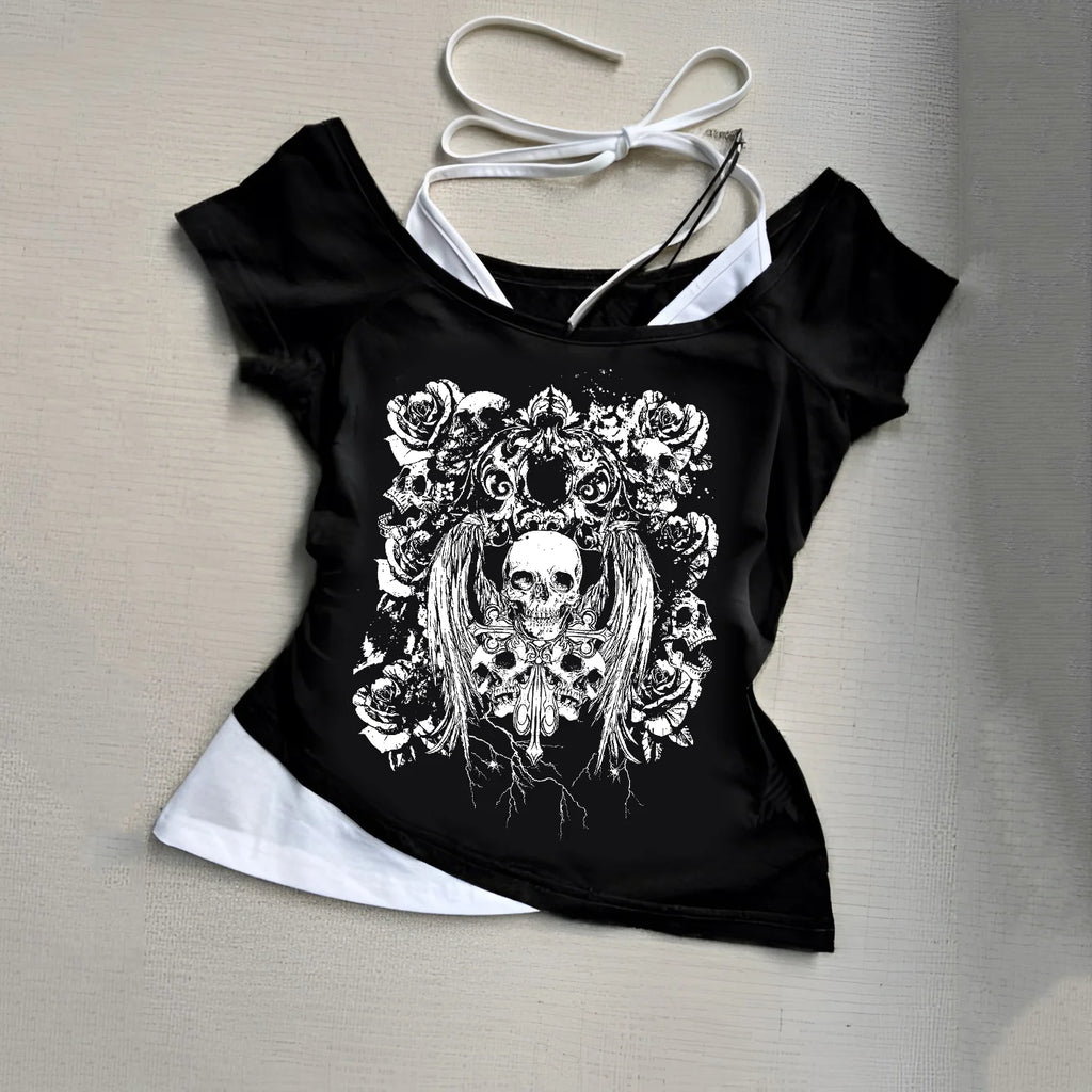 Retro gothic Fake Two-piece Printed T-shirt Women summer Y2K Streetwear Hot Girl Slim Off Shoulder Millennium Harajuku Casual