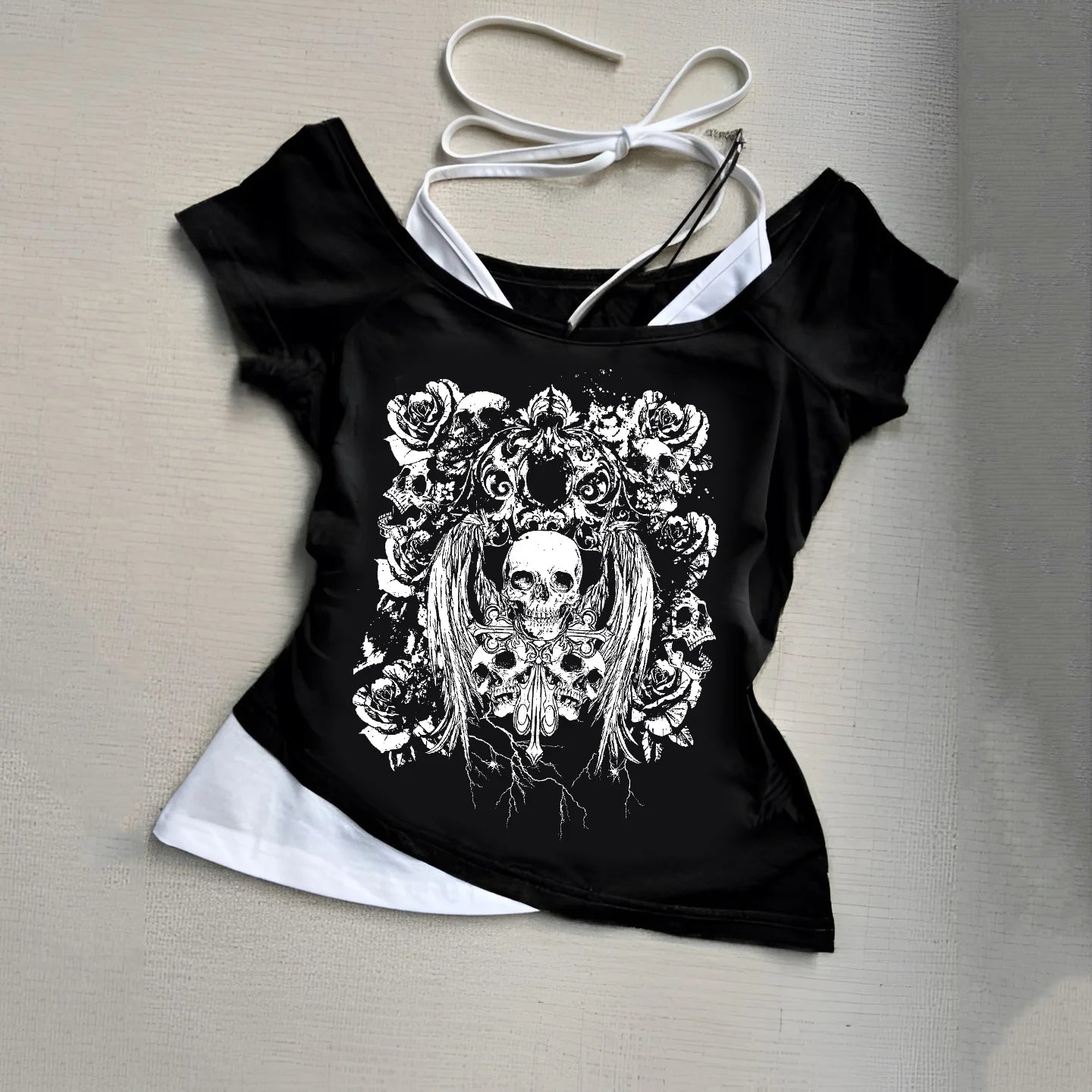 Retro gothic Fake Two-piece Printed T-shirt Women summer Y2K Streetwear Hot Girl Slim Off Shoulder Millennium Harajuku Casual