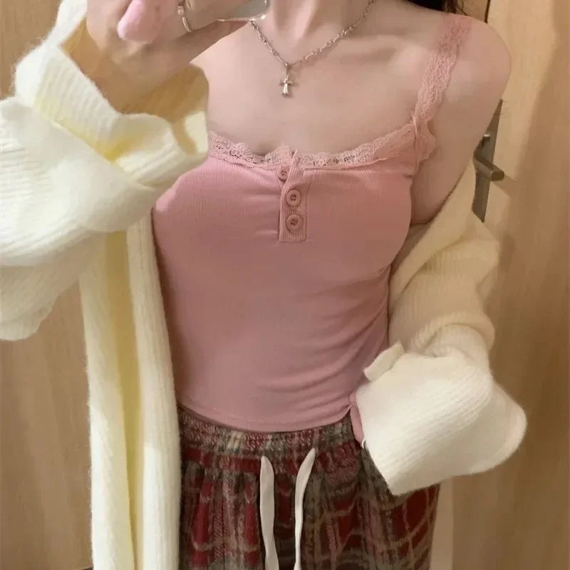 Sexy White Knit Camisole Lace Tank Top Cropped Vest Women's Sleeveless Crop Tops with Chest Pad Y2k Cute Summer Slim Undershirt