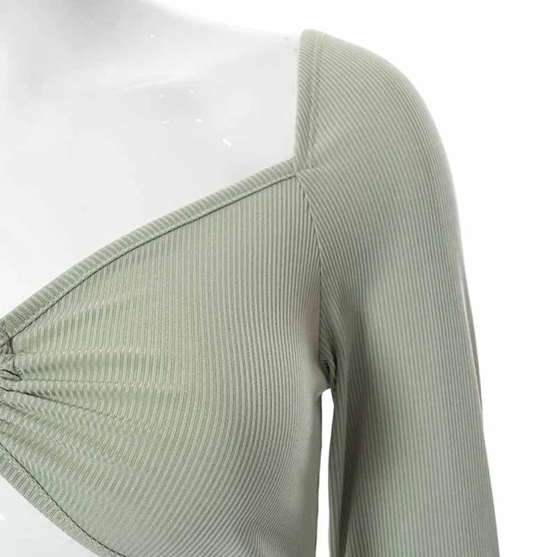 Hollow-Out V-neck Long Sleeve Crop Tops Spring Fall Casual Fashion Women Square Collar Slim Ribbed T-Shirts Backless Tee