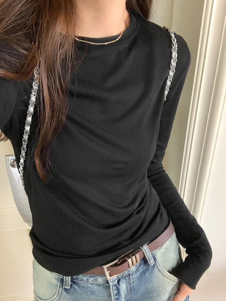 2024 Spring Autumn T shirt Women Tops Solid Slim Fit Long Sleeve O Neck Tshirts Female Casual Streetwear High Quality Base Tees