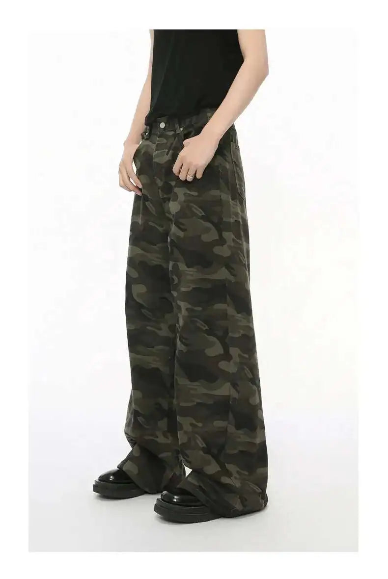 IEFB Vintage Camouflage Men's Jeans Fashion Washed Casual Wide Leg Denim Pants Autumn Winter Loose Male Trousers Old Blue 9C354