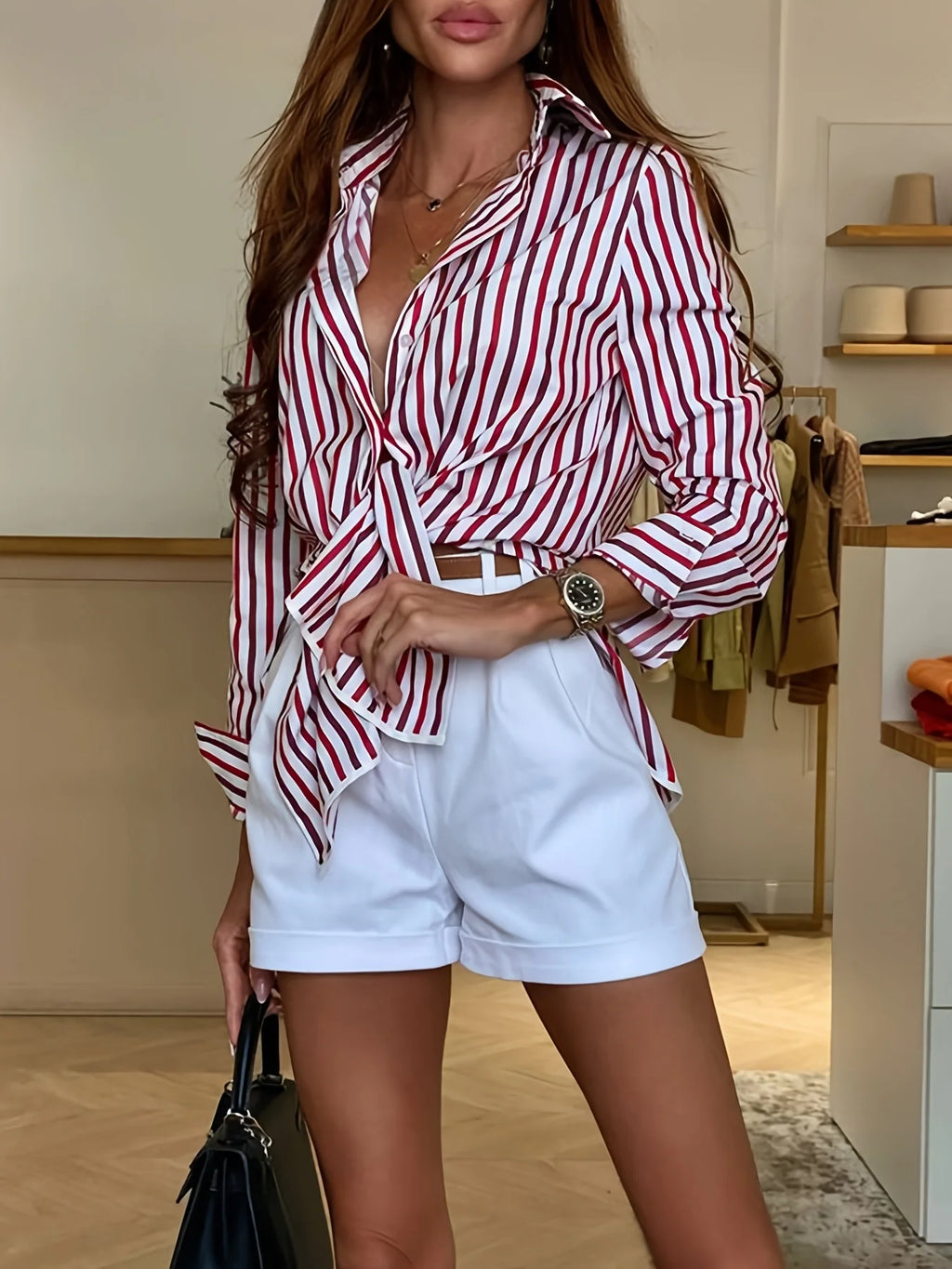 Women's Red & White Striped Button Down Shirt Long Sleeve Casual Blouse