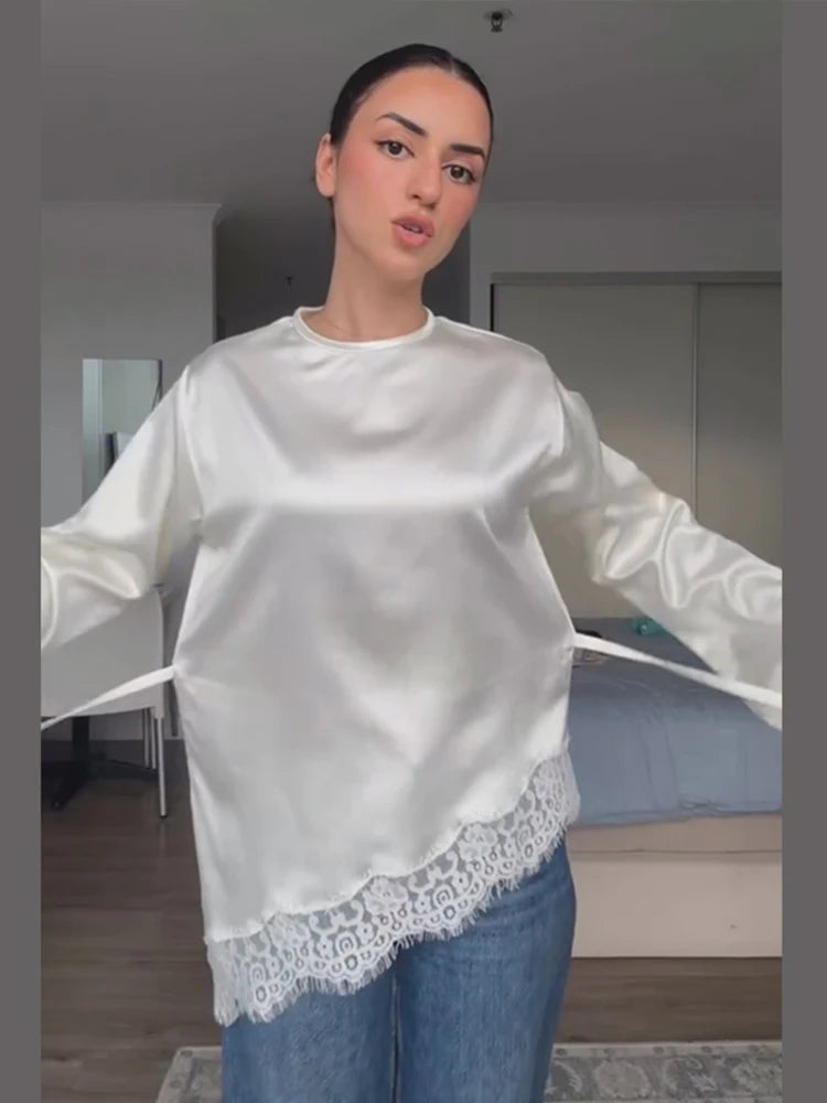 Elegant Satin Lace Patchwork Top Women O-neck Loose Long Sleeves Strappy Female shirt 2026 Spring Autumn Chic Lady T-shirt