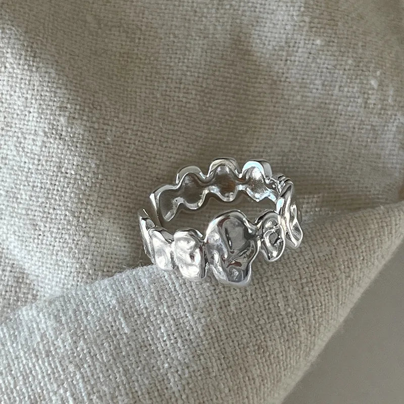 VENTFILLE 925 Sterling Silver Rings INS Fashion Hip Hop Vintage Couples Hollow Lines Punk Thai Silver Party Adjustable  Jewelry