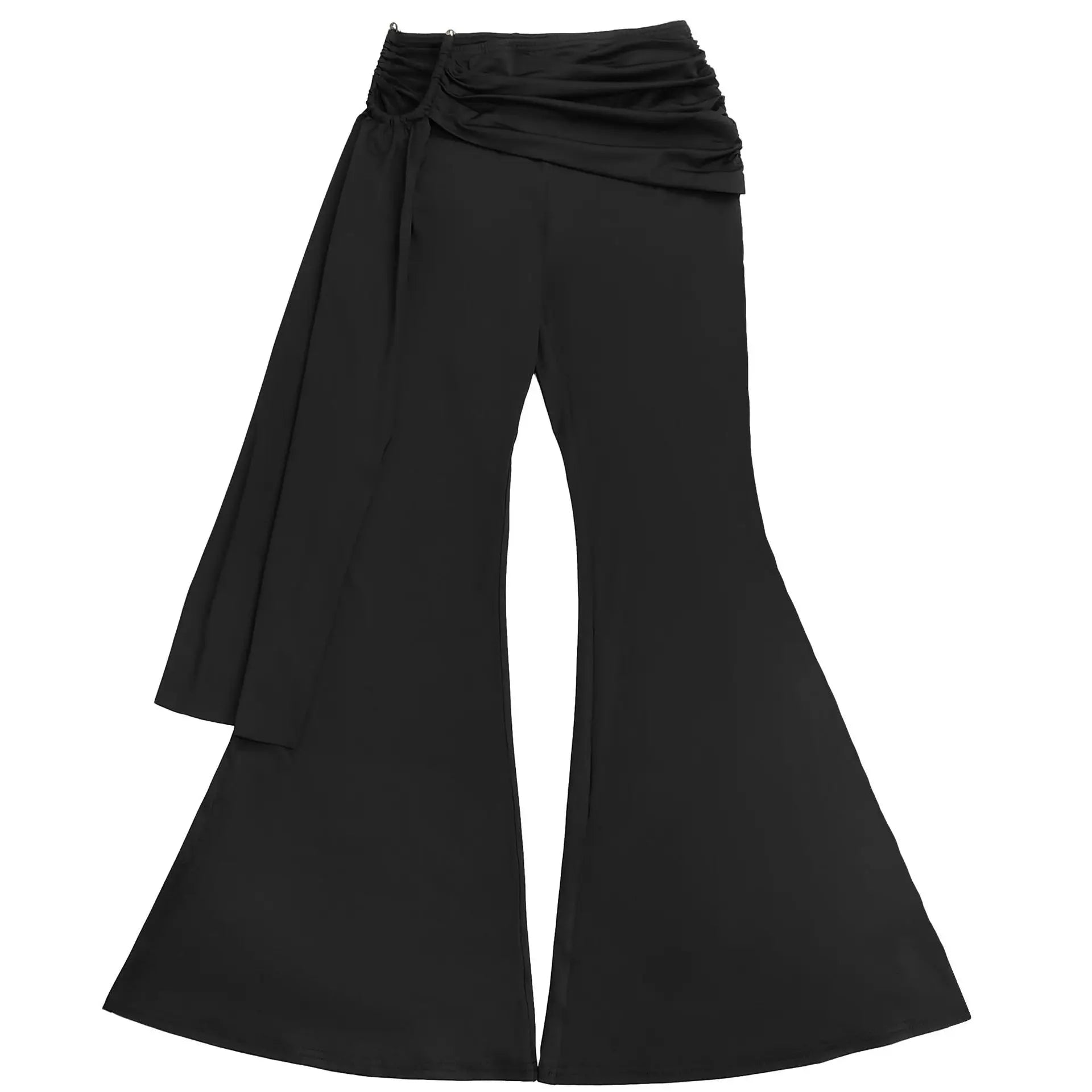 Weird Puss Ruched 2 Piece Set Women Sexy Halter Backless Bra+Metal Casp Ribbon Flared Pants Matching Party Club Stretch Outfits