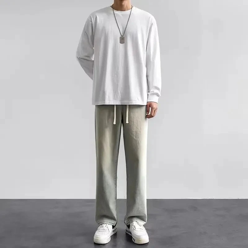 Light Wash Men's Drawstring Jeans Loose Straight Leg Floor-Length Trendy Casual Wide Leg Long Trousers Comfortable Fit