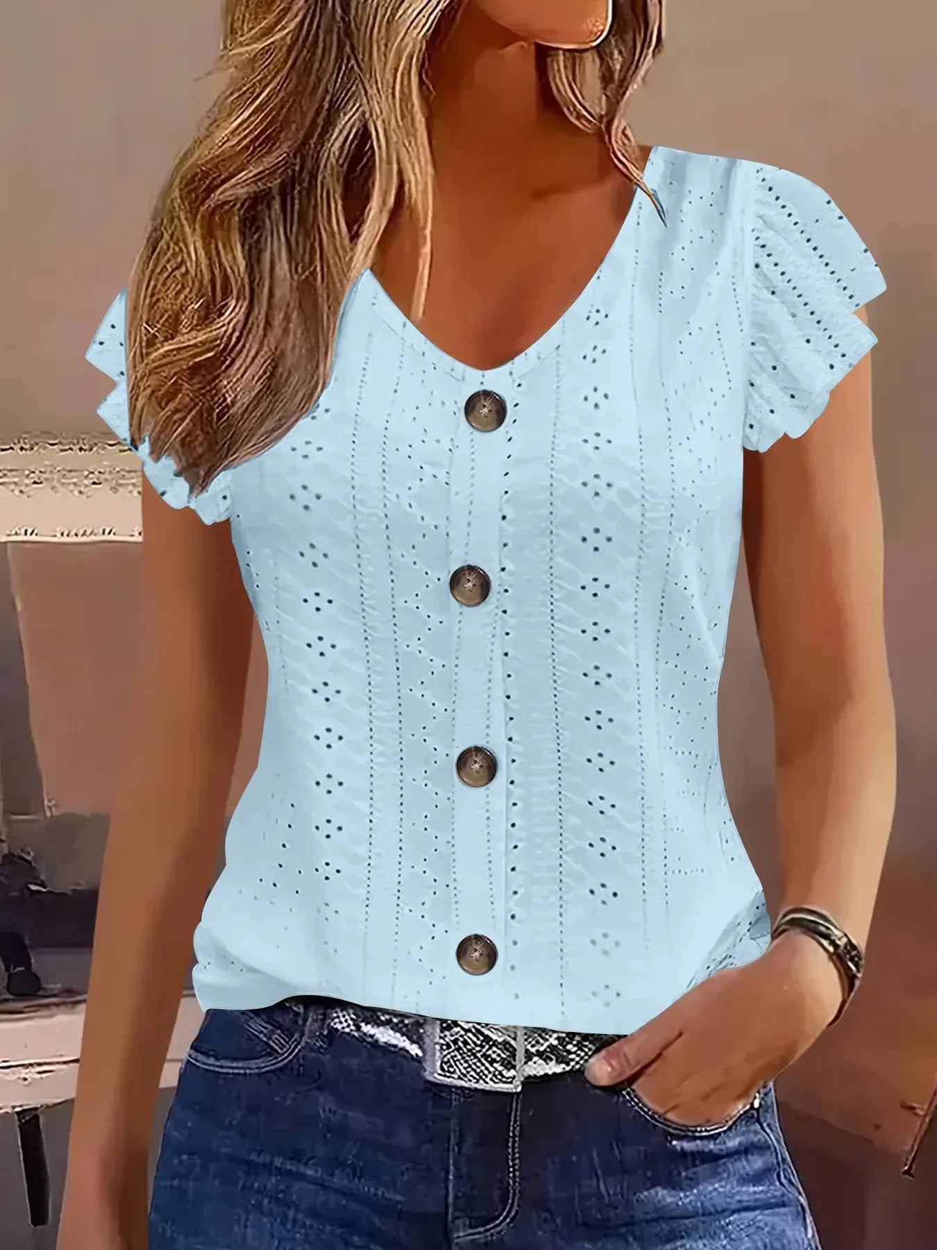 2025 Spring/Summer new women's fashion stylish commute casual solid color multi-color ruffle sleeve V-neck T-shirt