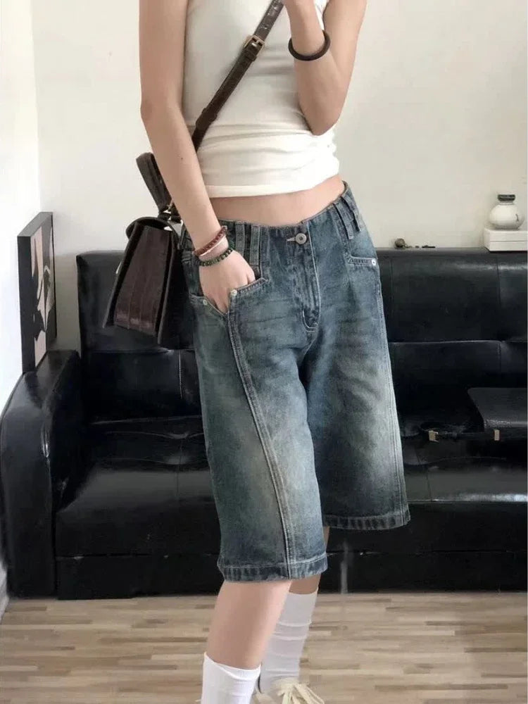 HOUZHOU Y2K Vintage Women Denim Shorts Baggy High Waist Korean Wide Leg Jorts Casual Oversize Washed Jeans Streetwear Summer