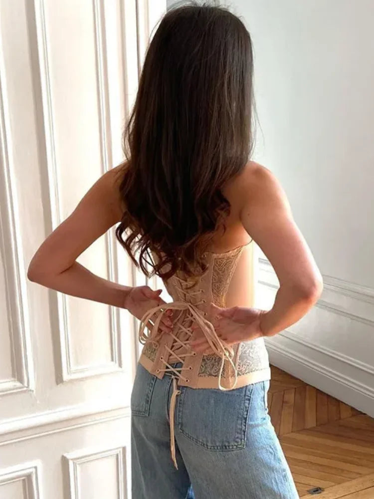 Spicy Girl Sexy Tight Corset Lace Hollow Sleeveless Strapless Top 2025 Summer Fashion Women Street Trendy Vest
