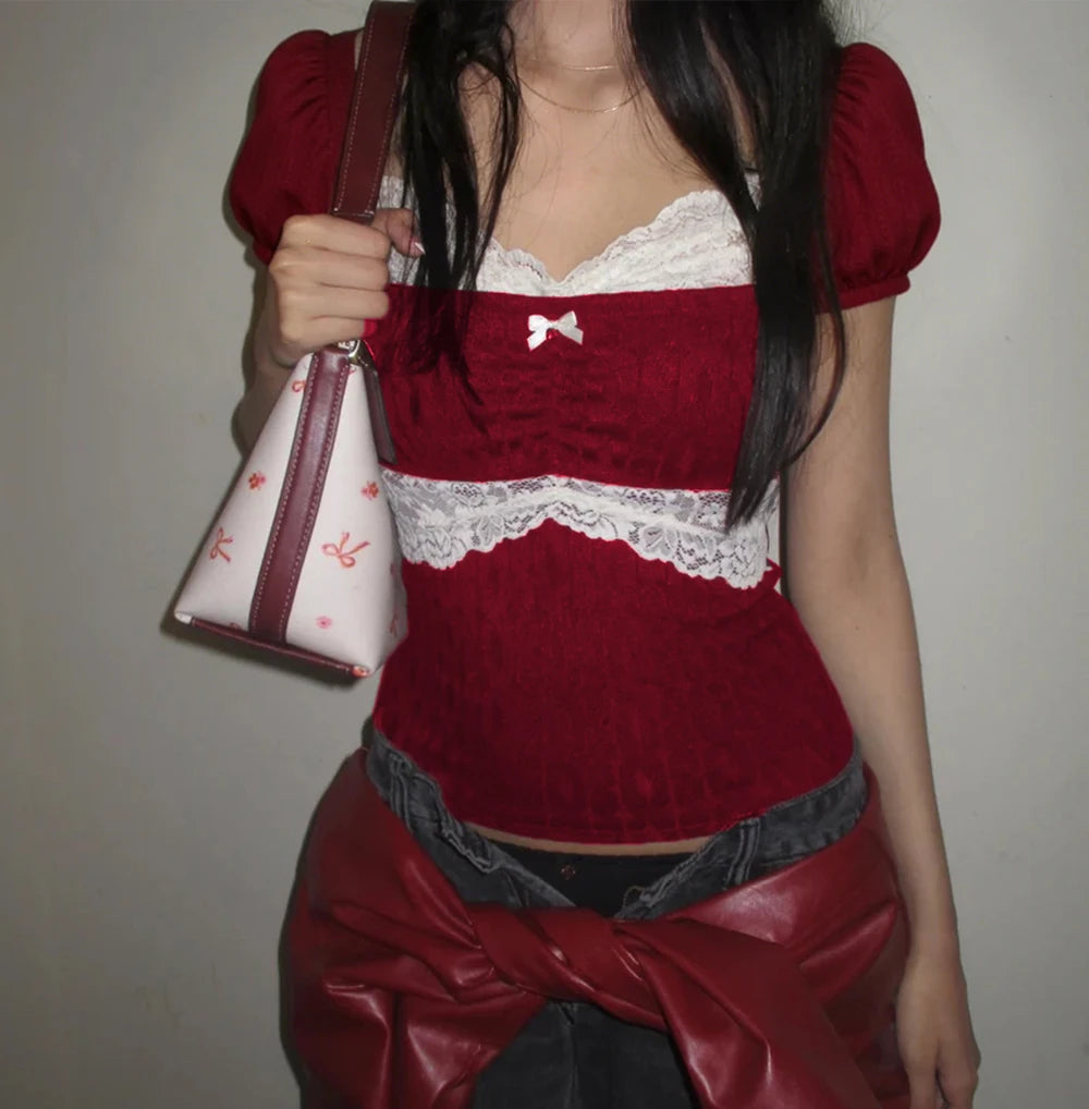 Summer Lace Patchwork Coquette T-shirt Ribbed Knit Slim Fit Milkmaid Tees Women Short Sleeve Y2k Grunge Crop Tops Aesthetic